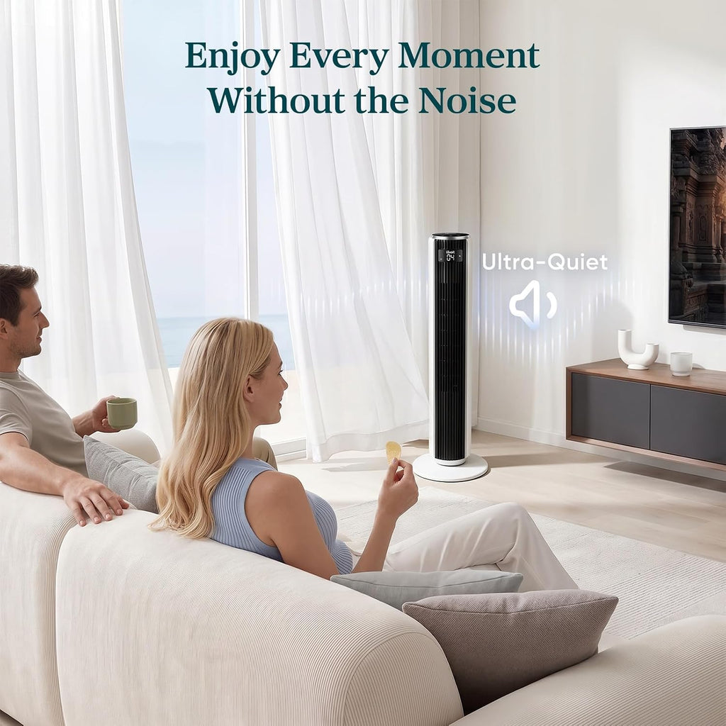 Levoit Tower Fan for Bedroom, 28ft/s Fans that Blow Cold Air, 28dB Quiet | Standing Floor Fan for Room, 90° Oscillating, 5 Speeds 4 Modes & Temp Sensor, Bladeless, 12H Timer, Remoter, 36 inch, White