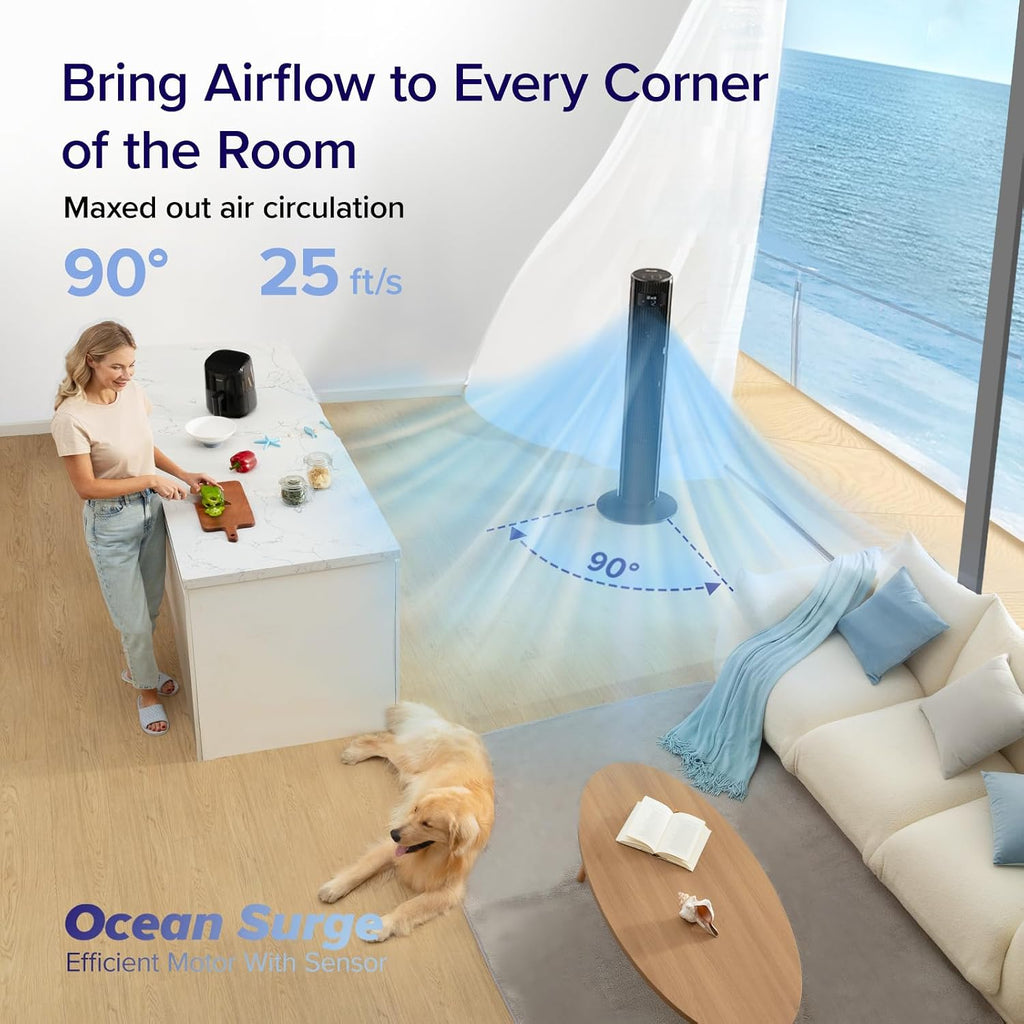 Levoit Tower Fan for Bedroom, 28ft/s Fans that Blow Cold Air, 28dB Quiet | Standing Floor Fan for Room, 90° Oscillating, 5 Speeds 4 Modes & Temp Sensor, Bladeless, 12H Timer, Remoter, 36 inch, White