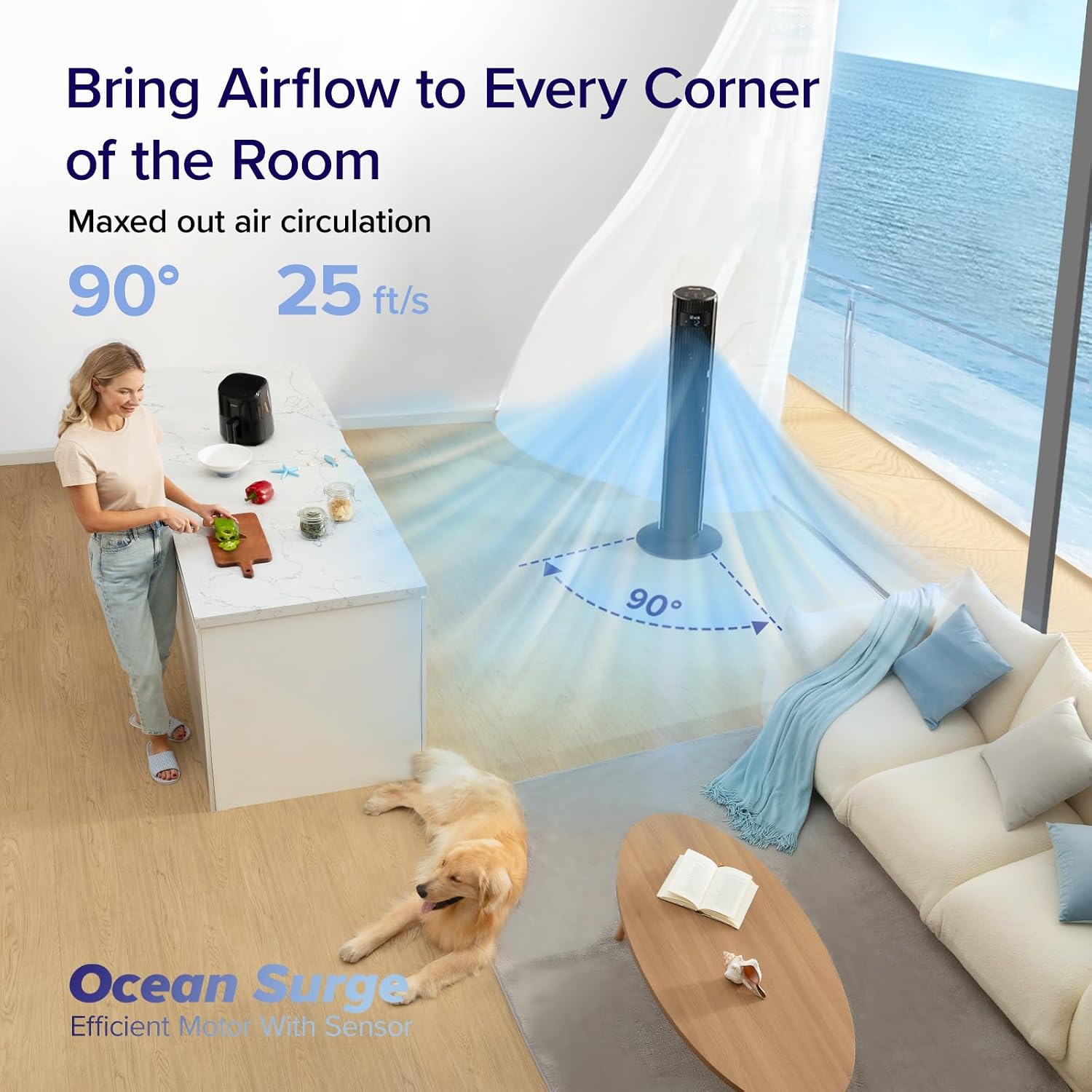 Levoit Tower Fan for Bedroom, 28ft/s Fans that Blow Cold Air, 28dB Quiet | Standing Floor Fan for Room, 90° Oscillating, 5 Speeds 4 Modes & Temp Sensor, Bladeless, 12H Timer, Remoter, 36 inch, White