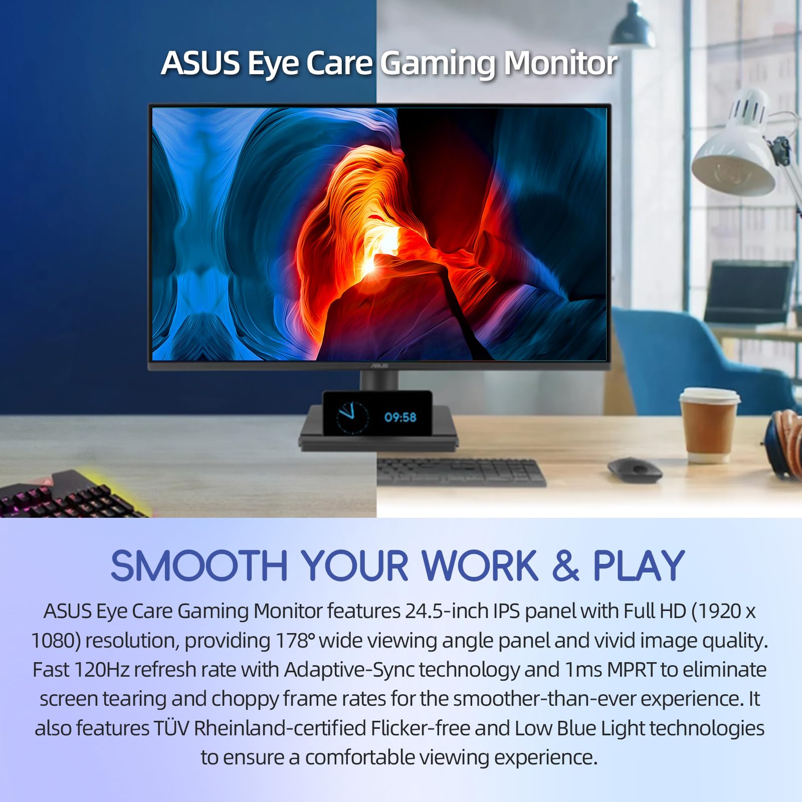 ASUS TUF 24" Gaming Monitor, FHD 1080p, Fast IPS, 240Hz, 0.3ms, AMD FreeSync Premium, G-SYNC Compatible, 99% sRGB, ELMB Sync, Eye Care, DisplayPort, HDMI, VESA Mount, Tilt Adjustment, Black