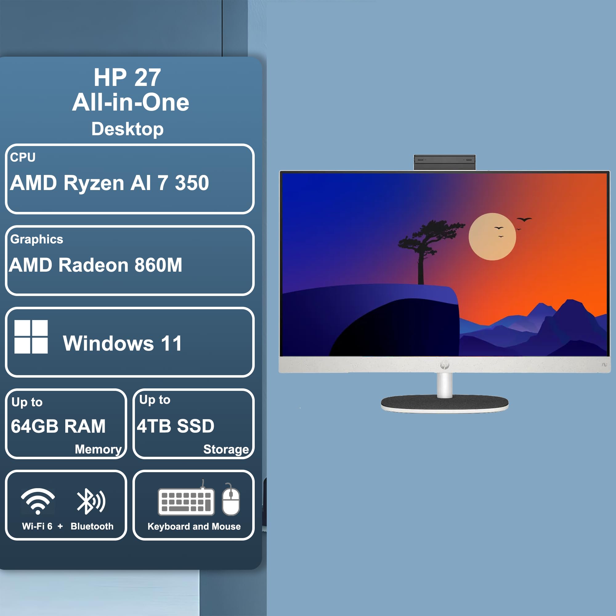HP 27 AIO Desktop Computer 27" FHD IPS Anti-Glare Touchscreen (99% sRGB) AMD 8-core Ryzen AI 7 350 (Up to 50 NPU Tops) 32GB RAM 2TB SSD for Creator Designer Business Professional Work Win11 ICP Hub