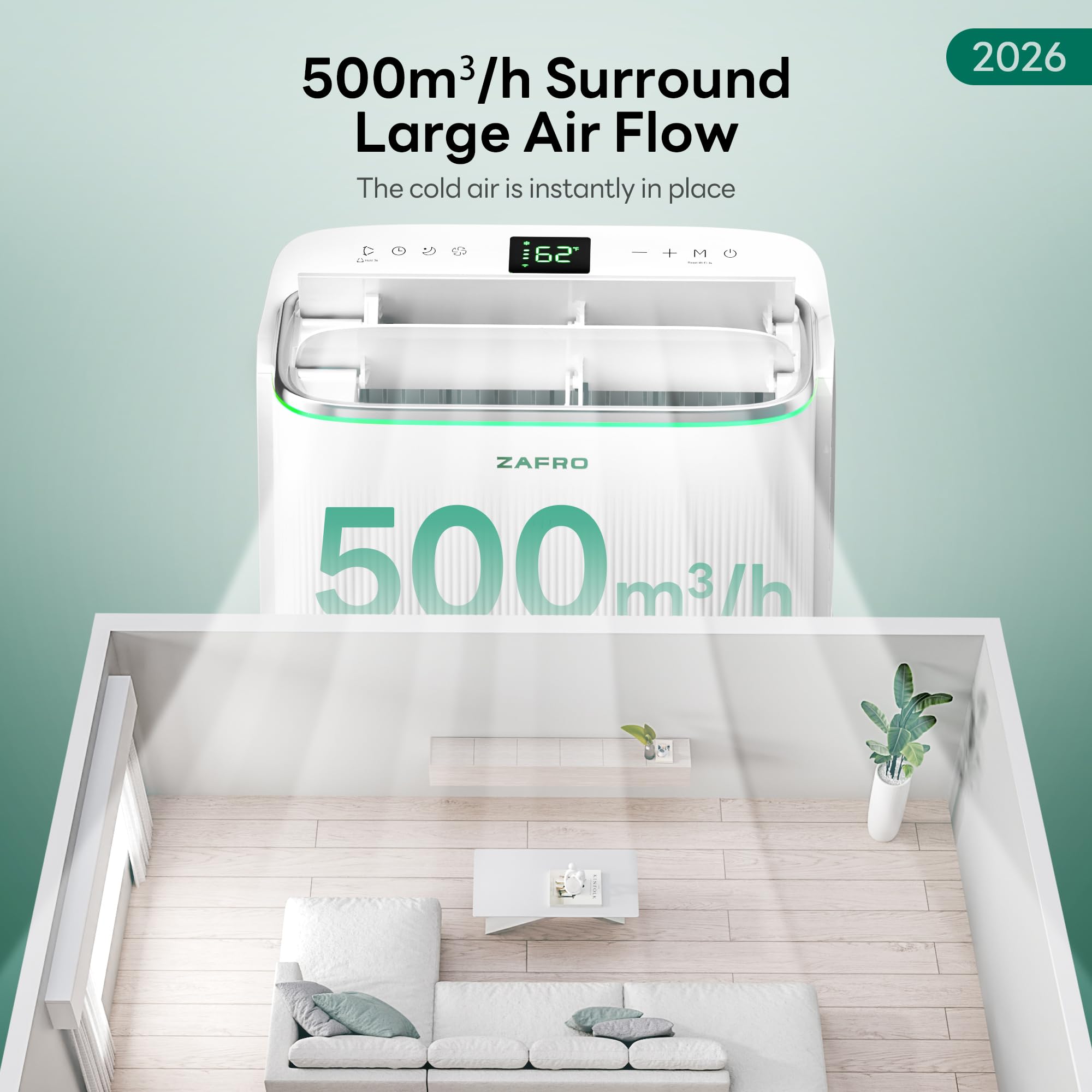 ZAFRO Smart Inverter Portable Air Conditioners, 16000 BTU (12000 BTU SACC) | Dual Hose Portable AC Unit with Energy Saving/Ultra Quiet(42dB)/Drainage-free Cooling/APP/Remote for Multi-Scenario Use
