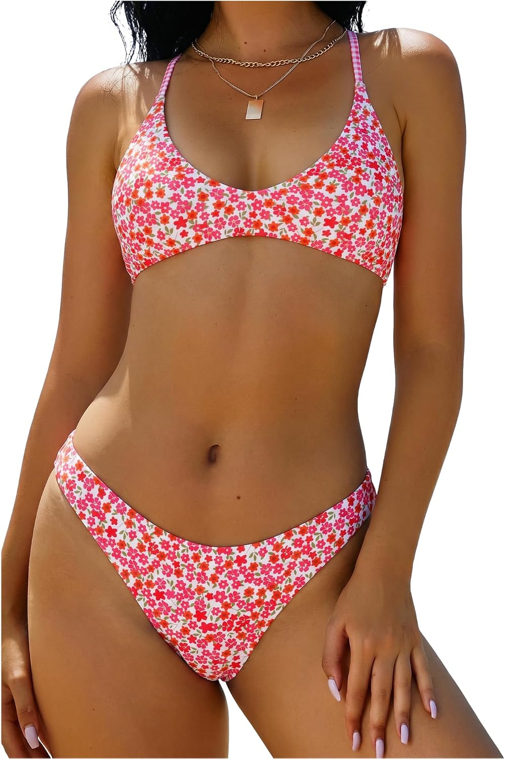 ZAFUL Women's Tie Back Padded High Cut Bralette Bikini Set 2 Piece Swimsuit | Crisscross Back Self Tie, Adjustable Straps, Bathing suit for women, Classic Coverage, Removable Soft Cups, Beach Vacation