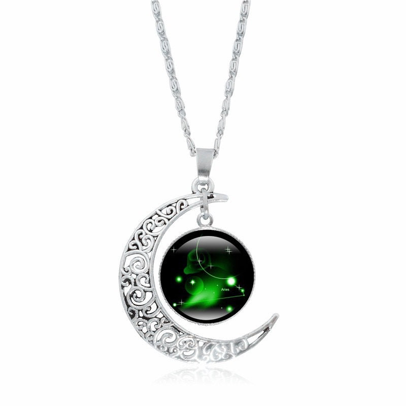 Zodiac Time Gem Luminous Necklace for Women, Simple Silver Moon Pendant Choker