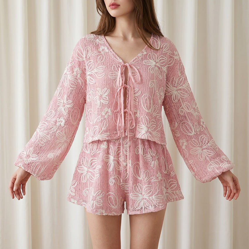 V-neck long sleeved lace up top and shorts two-piece set