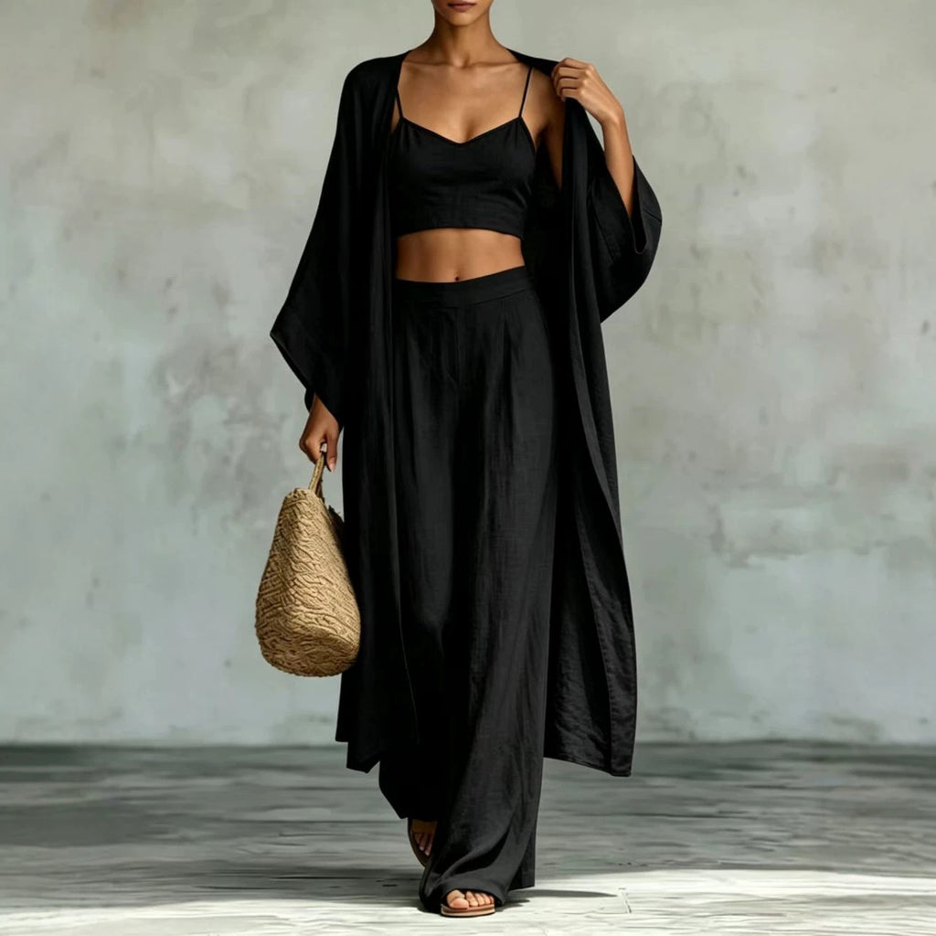 Loose cardigan short strap high waist wide leg pants set