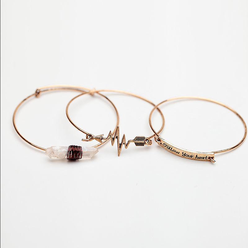 3PCS Handmade Alloy Cuff Bangles Set Vintage Gold&Silver Natural Stone Arrow Follow Your Heart Letter Infinity Bangle for Lover