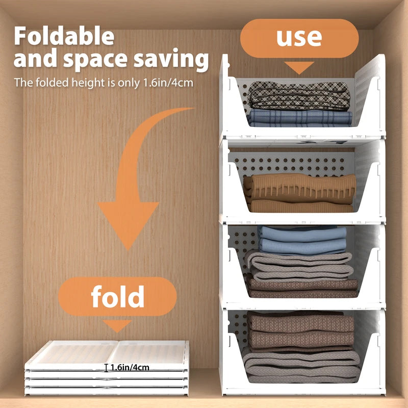 4 Pack Plastic Closet Organizer Bins, Stackable Foldable Storage Baskets with Slide-Out Rails for Clothes, Toys, T-Shirts