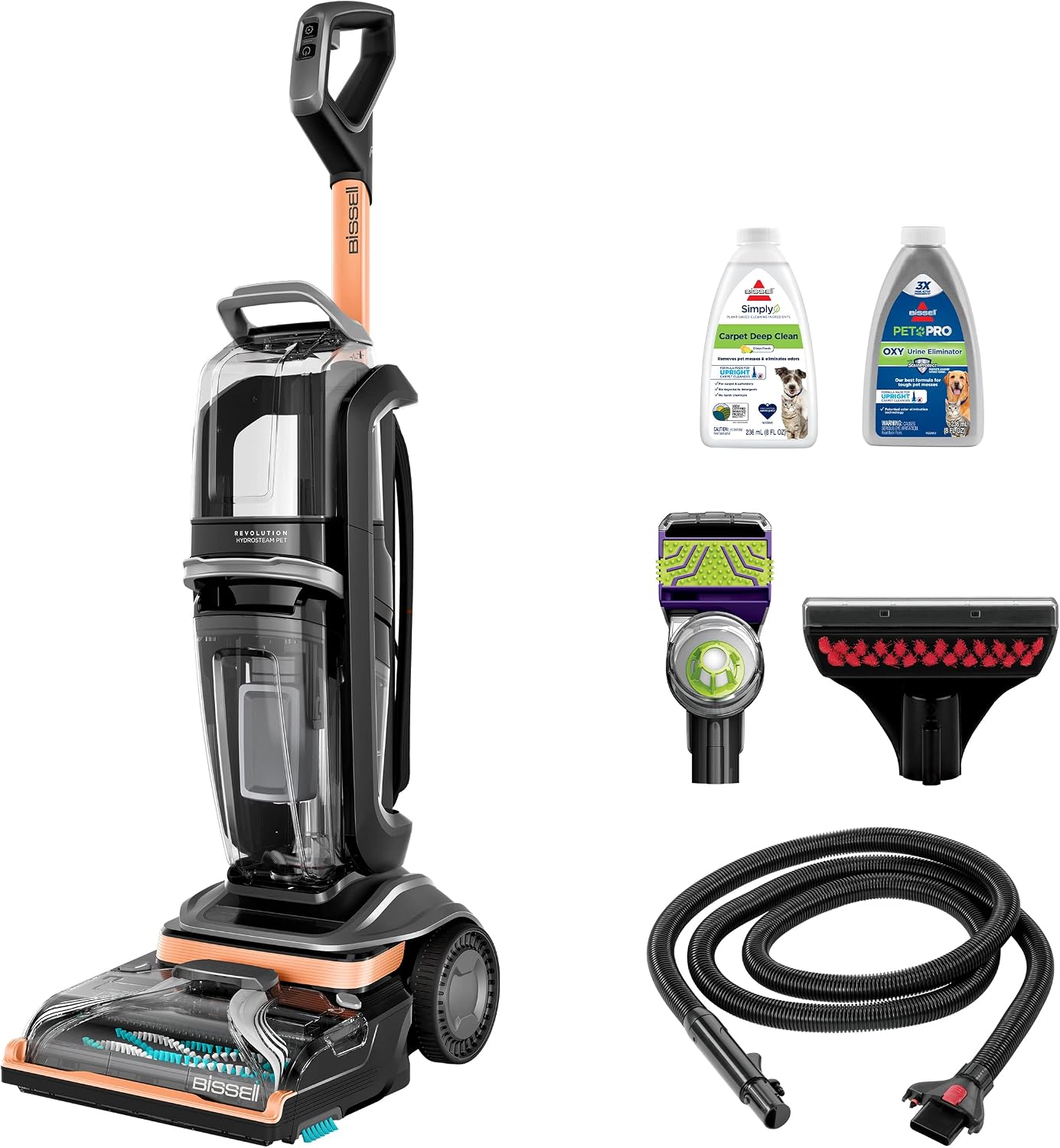 BISSELL Revolution HydroSteam Pet Carpet Cleaner, 3432 | HydroSteam technology; 2-in-1 pet upholstery tool; cleaning formulas included; upright deep cleaner
