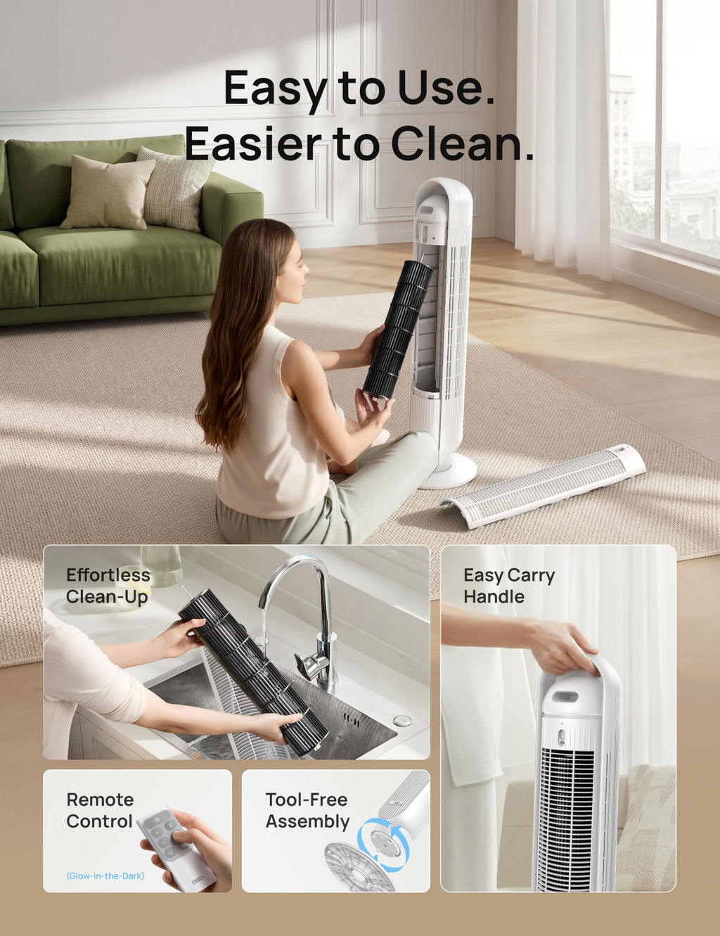 DREO Tower Fan for Bedroom, 28ft/s Velocity, 20dB Ultra Quiet, 8 Speeds | 2026 Upgraded DC Motor, 90° Oscillating, 4 Modes Standing Fan, Bladeless Fan for Indoors, Floor Fans with Remote, Black