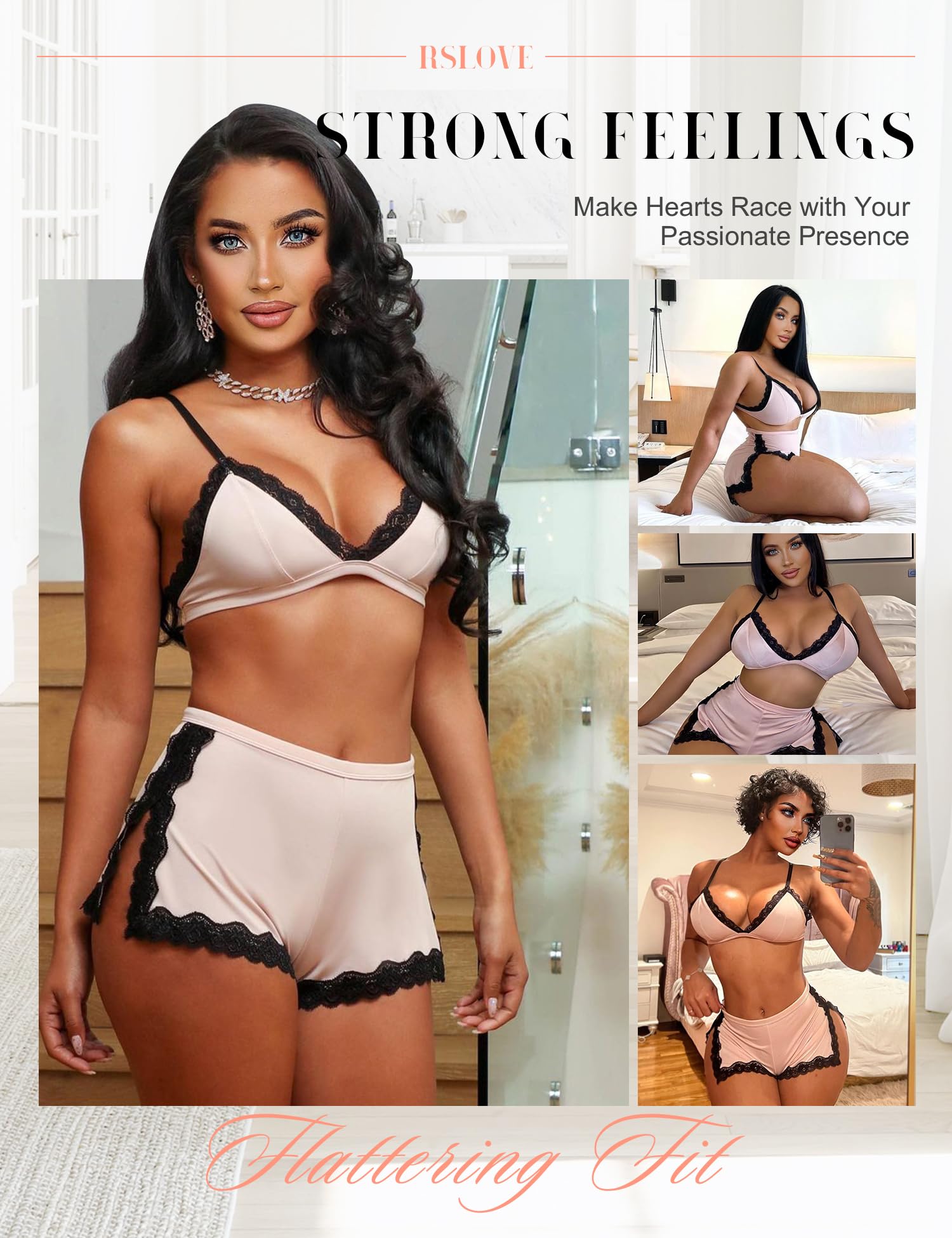RSLOVE Sexy Pajamas for Women Soft Lingerie Set Lace Trim Sleepwear 2 piece Pjs Shorts Set