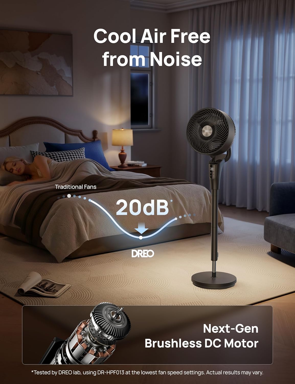 DREO Fan for Bedroom, 2026 Upgraded, 90ft Airflow, 20dB Quiet Fan, 90° Oscillating Standing Fan for Whole Room, DC Motor, 8+H Speeds, 3 Modes, 38-42'' Adjustable Height, 8H Timer, 105° Manual Vertical