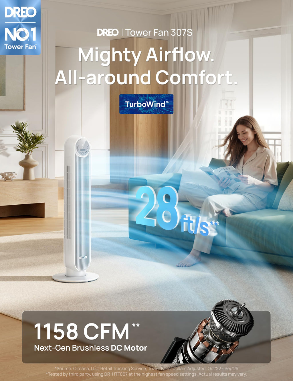 DREO Tower Fan for Bedroom, 28ft/s Velocity, 20dB Ultra Quiet, 8 Speeds | 2026 Upgraded DC Motor, 90° Oscillating, 4 Modes Standing Fan, Bladeless Fan for Indoors, Floor Fans with Remote, Black
