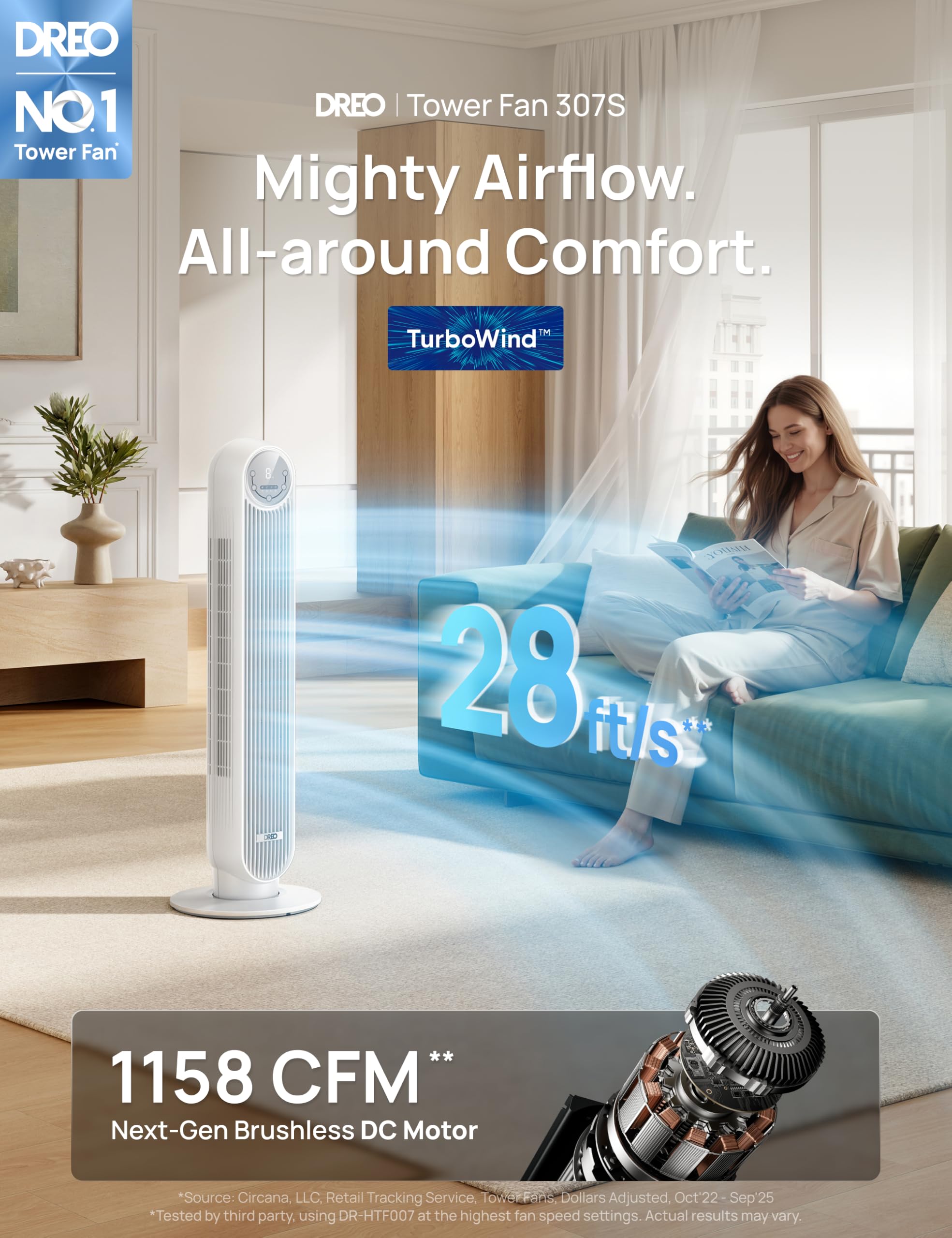 DREO Tower Fan for Bedroom, 28ft/s Velocity, 20dB Ultra Quiet, 8 Speeds | 2026 Upgraded DC Motor, 90° Oscillating, 4 Modes Standing Fan, Bladeless Fan for Indoors, Floor Fans with Remote, Black