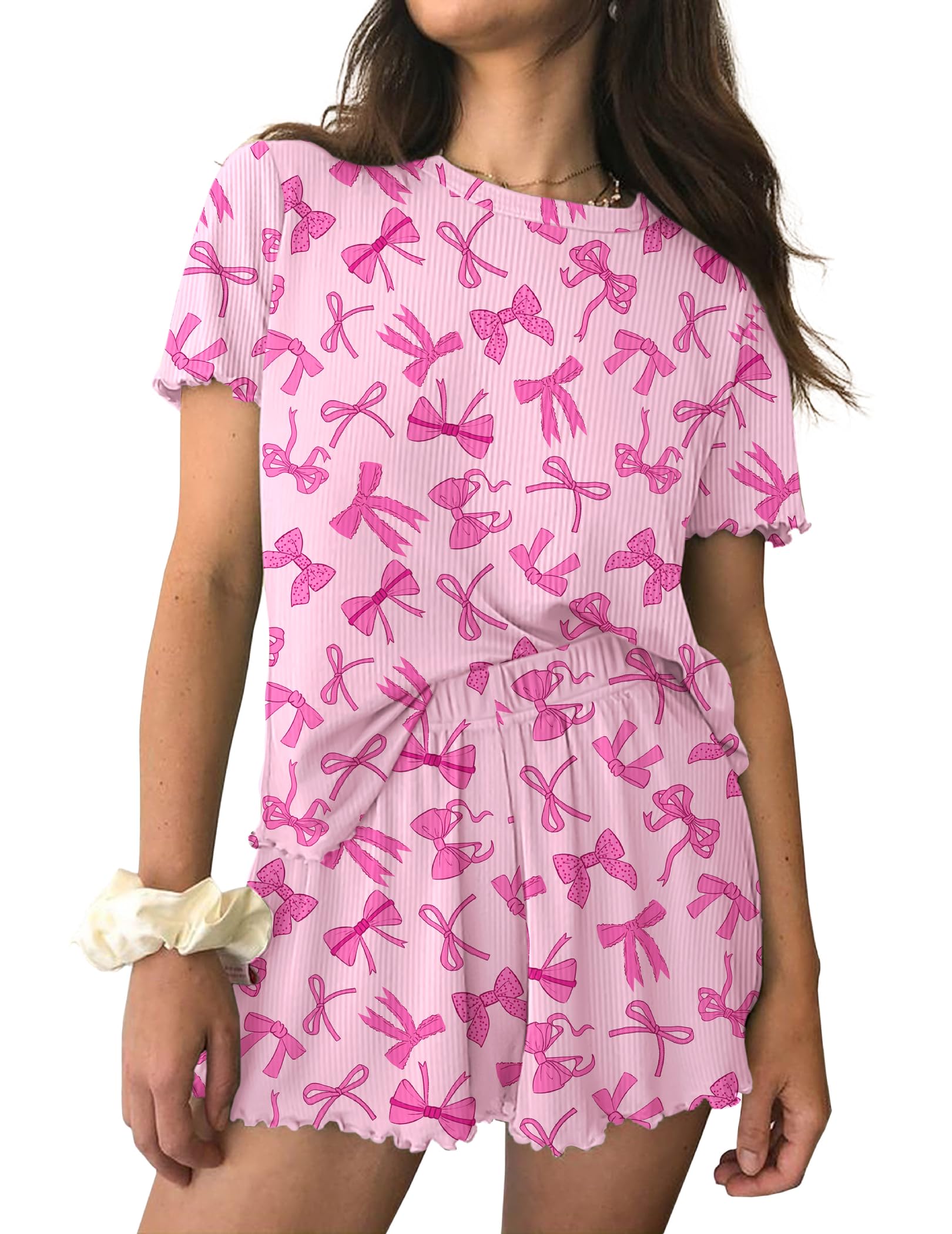 Ekouaer Womens Pajamas 2 Piece Ribbed Knit Pjs Short Sleeve Lounge Sets | Soft Pajama Set with Ruffled cuffs hem, Casual Loungewear Sets, ideal for Home relaxation, Wedding, Party, Daily Wear