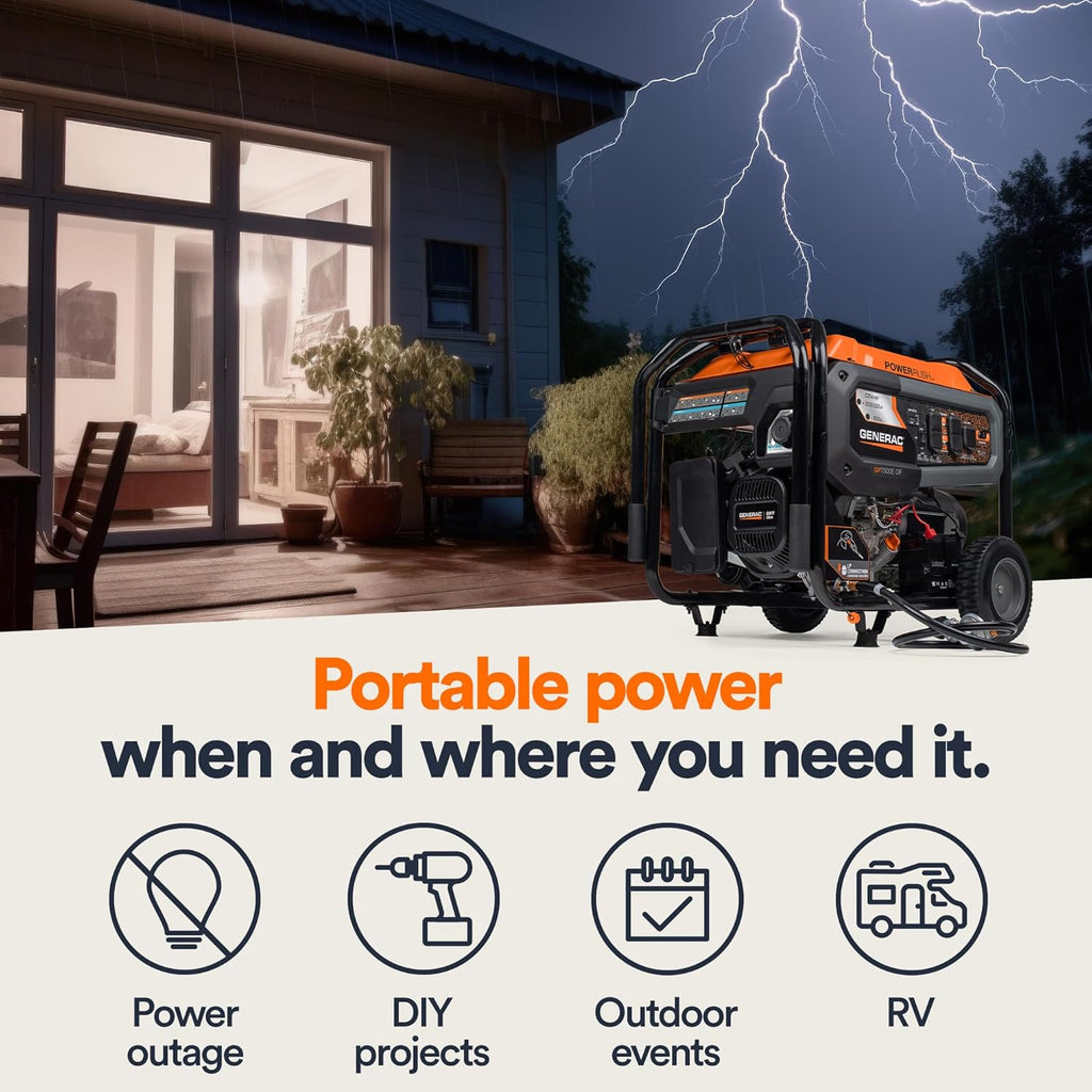 Generac 12,500 Starting Watt Tri-Fuel Portable Generator, Electric Start | Gas, Propane, Or Natural Gas Fuel Options, COsense CO Detection, 9.5 Hour Runtime, Emergency Home Backup, 49 State Compliant