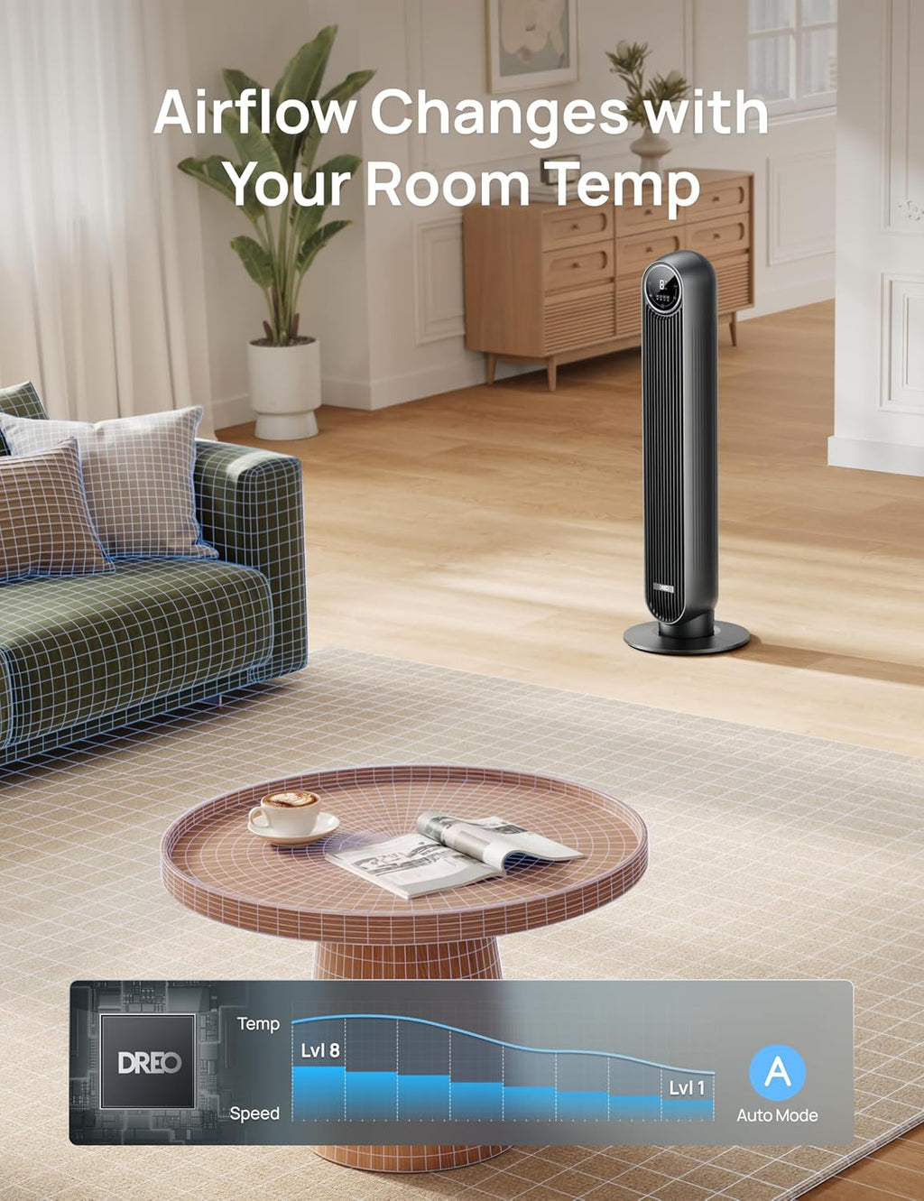DREO Tower Fan for Bedroom, 28ft/s Velocity, 20dB Ultra Quiet, 8 Speeds | 2026 Upgraded DC Motor, 90° Oscillating, 4 Modes Standing Fan, Bladeless Fan for Indoors, Floor Fans with Remote, Black