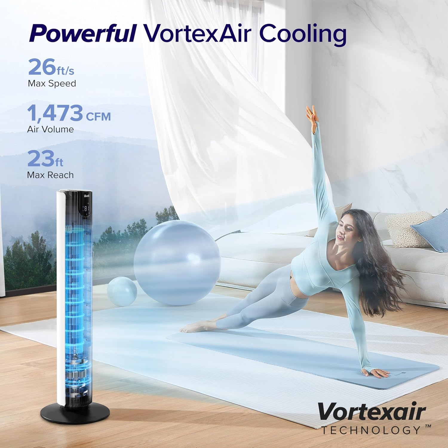 Levoit Tower Fan for Bedroom, 28ft/s Fans that Blow Cold Air, 28dB Quiet | Standing Floor Fan for Room, 90° Oscillating, 5 Speeds 4 Modes & Temp Sensor, Bladeless, 12H Timer, Remoter, 36 inch, White