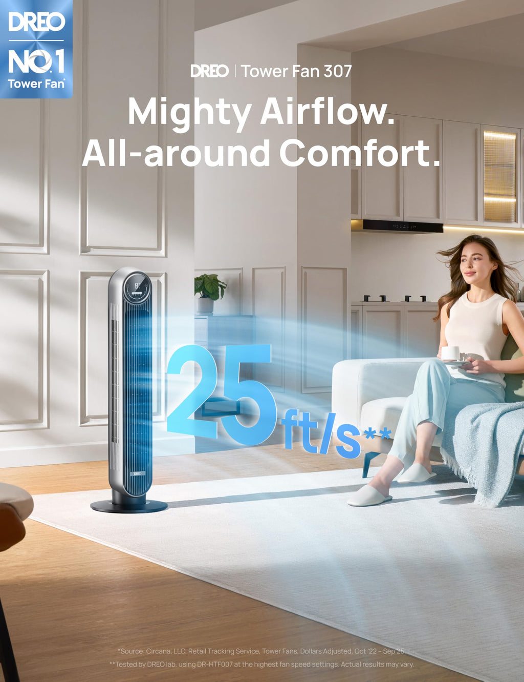DREO Tower Fan for Bedroom, 28ft/s Velocity, 20dB Ultra Quiet, 8 Speeds | 2026 Upgraded DC Motor, 90° Oscillating, 4 Modes Standing Fan, Bladeless Fan for Indoors, Floor Fans with Remote, Black