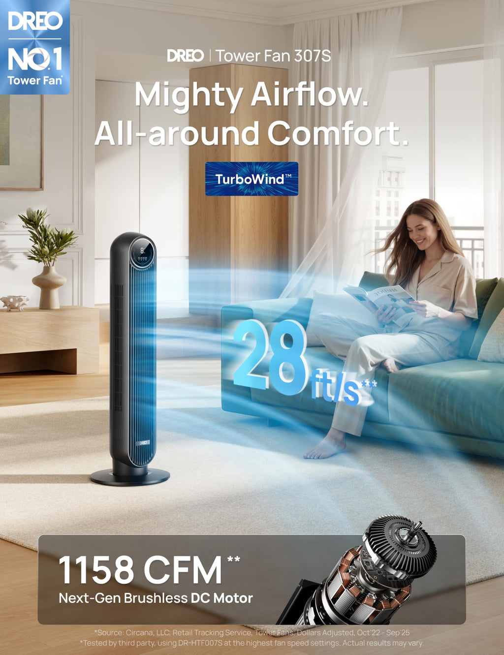 DREO Tower Fan for Bedroom, 28ft/s Velocity, 20dB Ultra Quiet, 8 Speeds | 2026 Upgraded DC Motor, 90° Oscillating, 4 Modes Standing Fan, Bladeless Fan for Indoors, Floor Fans with Remote, Black