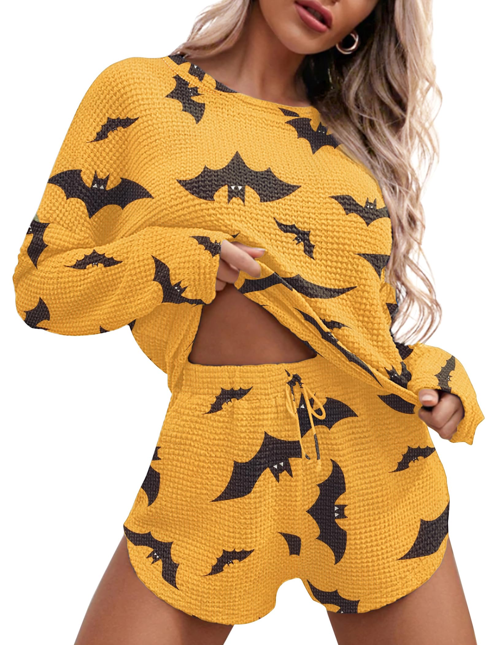Ekouaer Womens Waffle Knit Pajama Sets Long Sleeve Top and Shorts Matching Lounge Set Loungewear Sweatsuit with Pockets