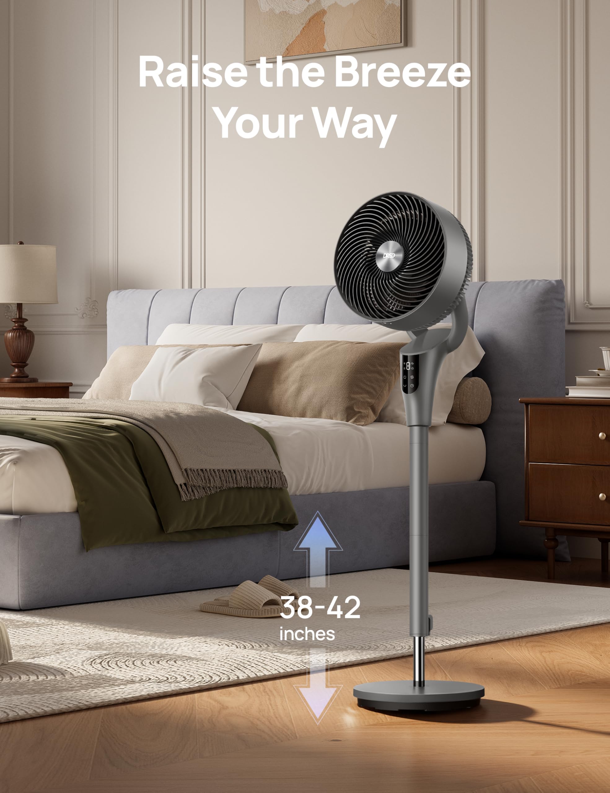 DREO Fan for Bedroom, 2026 Upgraded, 90ft Airflow, 20dB Quiet Fan, 90° Oscillating Standing Fan for Whole Room, DC Motor, 8+H Speeds, 3 Modes, 38-42'' Adjustable Height, 8H Timer, 105° Manual Vertical