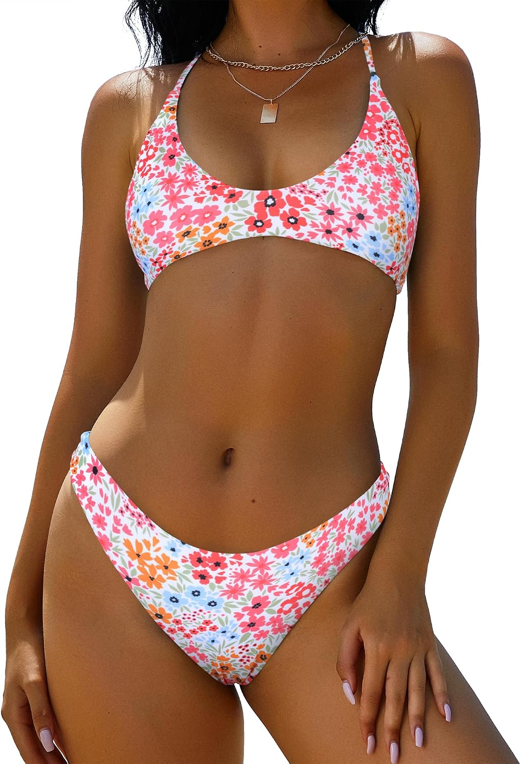 ZAFUL Women's Tie Back Padded High Cut Bralette Bikini Set 2 Piece Swimsuit | Crisscross Back Self Tie, Adjustable Straps, Bathing suit for women, Classic Coverage, Removable Soft Cups, Beach Vacation