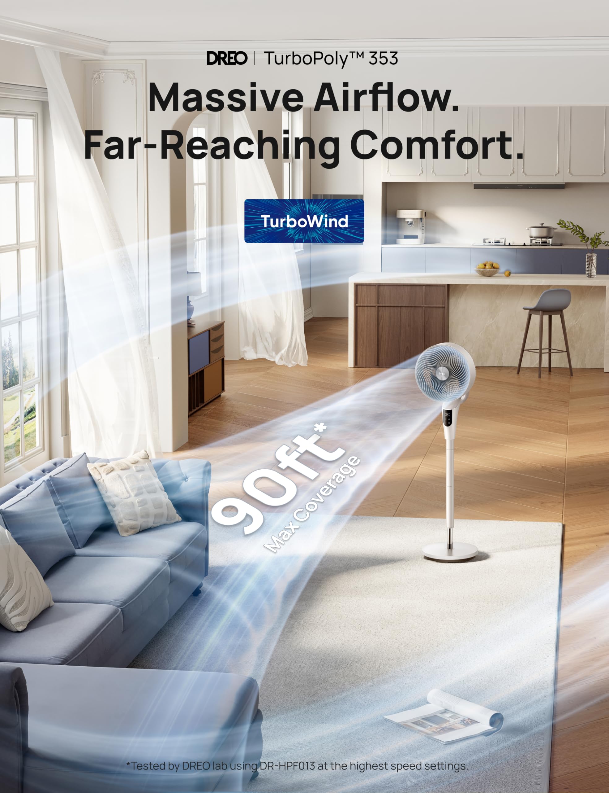 DREO Fan for Bedroom, 2026 Upgraded, 90ft Airflow, 20dB Quiet Fan, 90° Oscillating Standing Fan for Whole Room, DC Motor, 8+H Speeds, 3 Modes, 38-42'' Adjustable Height, 8H Timer, 105° Manual Vertical