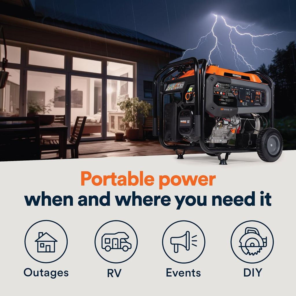 Generac 12,500 Starting Watt Tri-Fuel Portable Generator, Electric Start | Gas, Propane, Or Natural Gas Fuel Options, COsense CO Detection, 9.5 Hour Runtime, Emergency Home Backup, 49 State Compliant