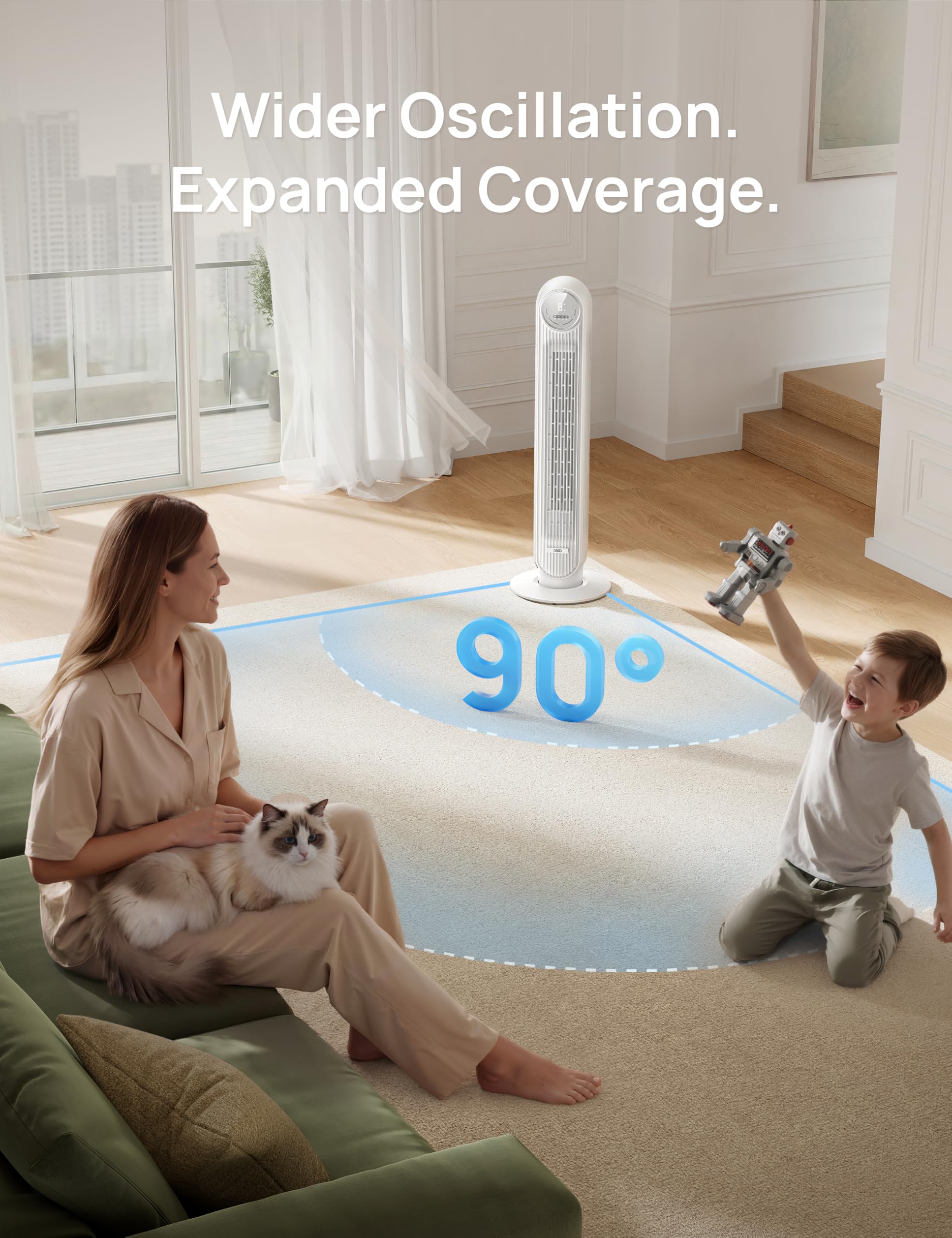 DREO Tower Fan for Bedroom, 28ft/s Velocity, 20dB Ultra Quiet, 8 Speeds | 2026 Upgraded DC Motor, 90° Oscillating, 4 Modes Standing Fan, Bladeless Fan for Indoors, Floor Fans with Remote, Black