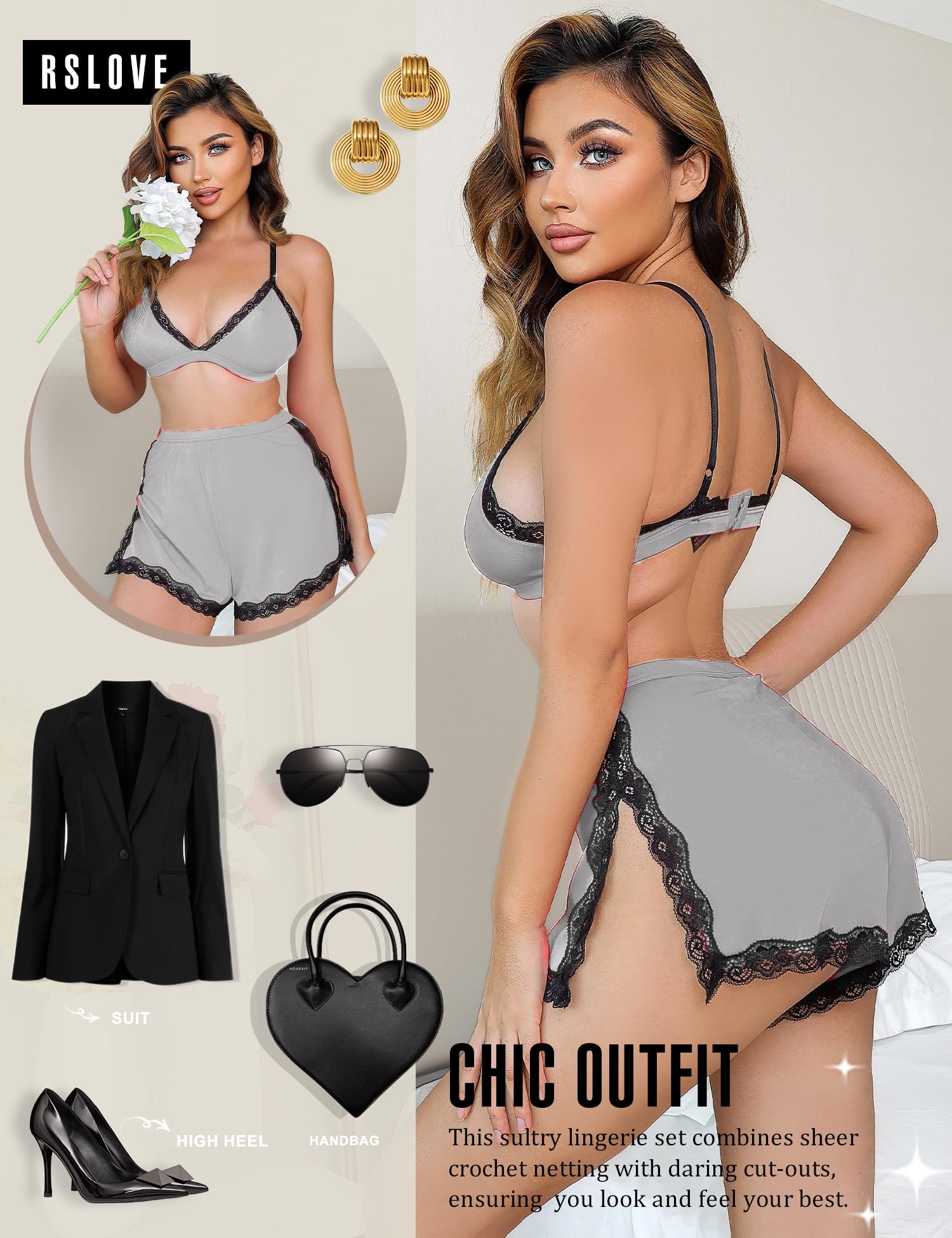 RSLOVE Sexy Pajamas for Women Soft Lingerie Set Lace Trim Sleepwear 2 piece Pjs Shorts Set