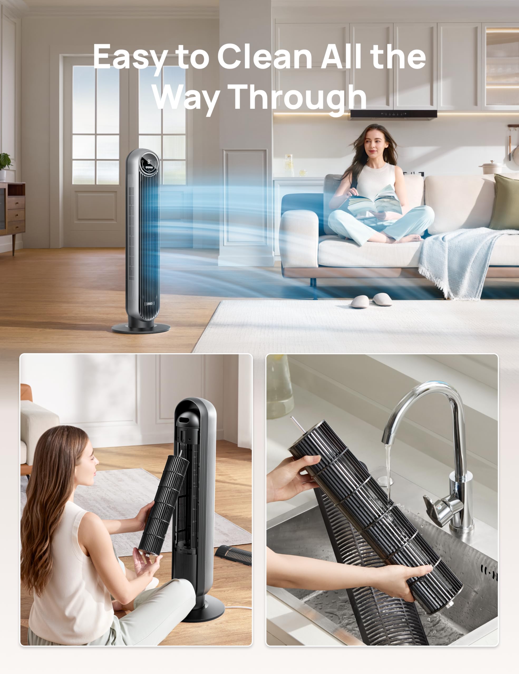 DREO Tower Fan for Bedroom, 28ft/s Velocity, 20dB Ultra Quiet, 8 Speeds | 2026 Upgraded DC Motor, 90° Oscillating, 4 Modes Standing Fan, Bladeless Fan for Indoors, Floor Fans with Remote, Black