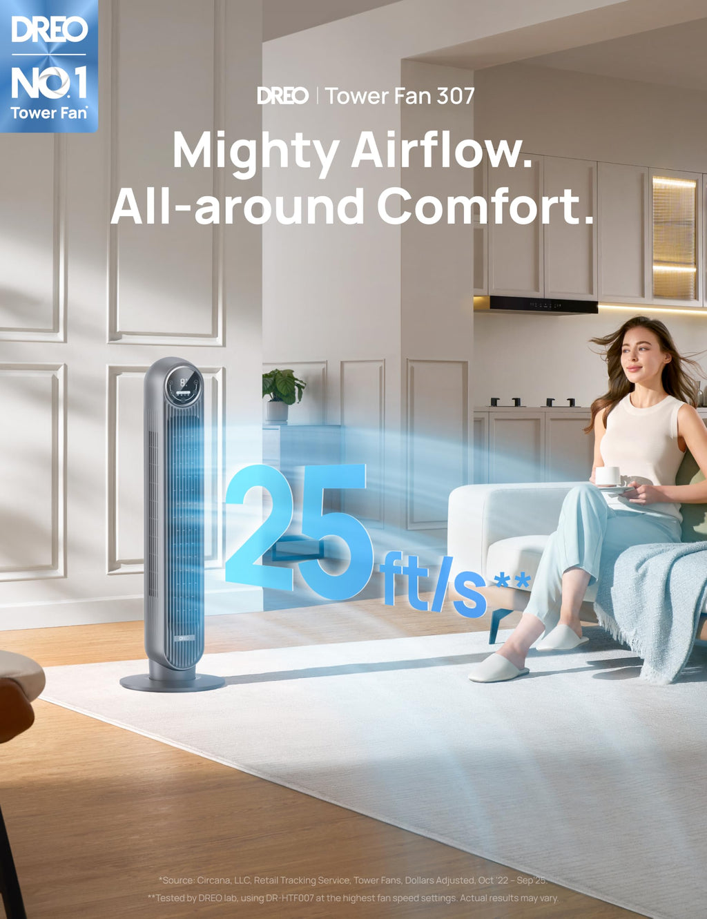 DREO Tower Fan for Bedroom, 28ft/s Velocity, 20dB Ultra Quiet, 8 Speeds | 2026 Upgraded DC Motor, 90° Oscillating, 4 Modes Standing Fan, Bladeless Fan for Indoors, Floor Fans with Remote, Black