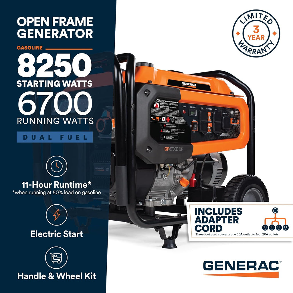 Generac 12,500 Starting Watt Tri-Fuel Portable Generator, Electric Start | Gas, Propane, Or Natural Gas Fuel Options, COsense CO Detection, 9.5 Hour Runtime, Emergency Home Backup, 49 State Compliant
