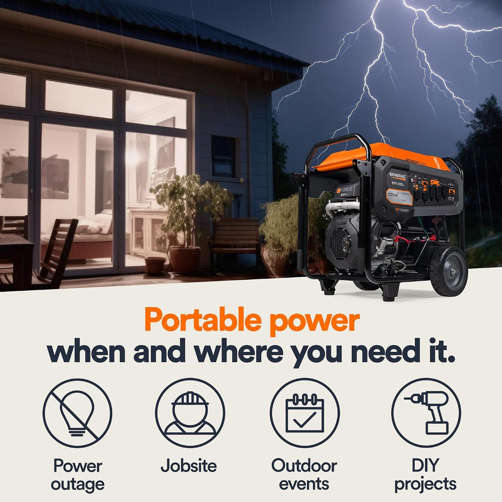 Generac 19,300 Starting Watt Portable Gas Generator, Electric Start | 15,000 Running Watts, RV Ready, Ultra Quiet Operation, Heavy Duty Frame, Emergency Power, 49 State Compliant