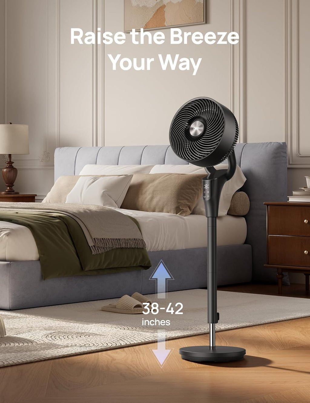 DREO Fan for Bedroom, 2026 Upgraded, 90ft Airflow, 20dB Quiet Fan, 90° Oscillating Standing Fan for Whole Room, DC Motor, 8+H Speeds, 3 Modes, 38-42'' Adjustable Height, 8H Timer, 105° Manual Vertical