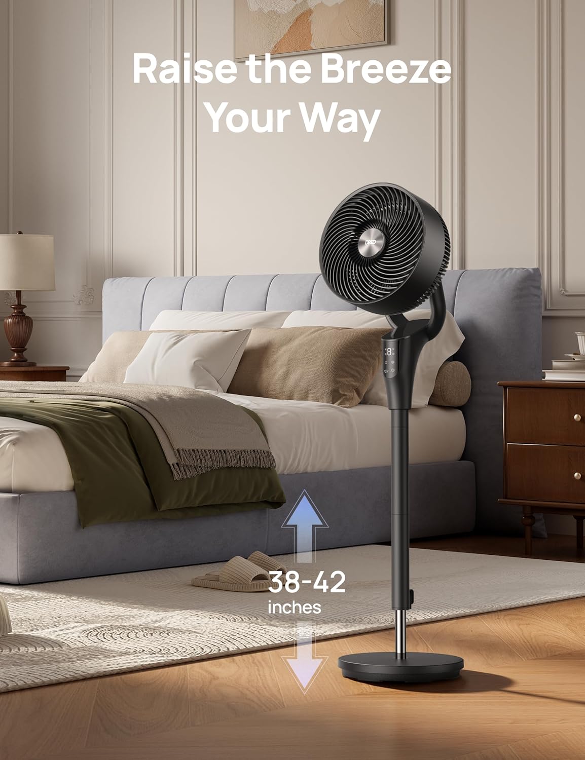 DREO Fan for Bedroom, 2026 Upgraded, 90ft Airflow, 20dB Quiet Fan, 90° Oscillating Standing Fan for Whole Room, DC Motor, 8+H Speeds, 3 Modes, 38-42'' Adjustable Height, 8H Timer, 105° Manual Vertical