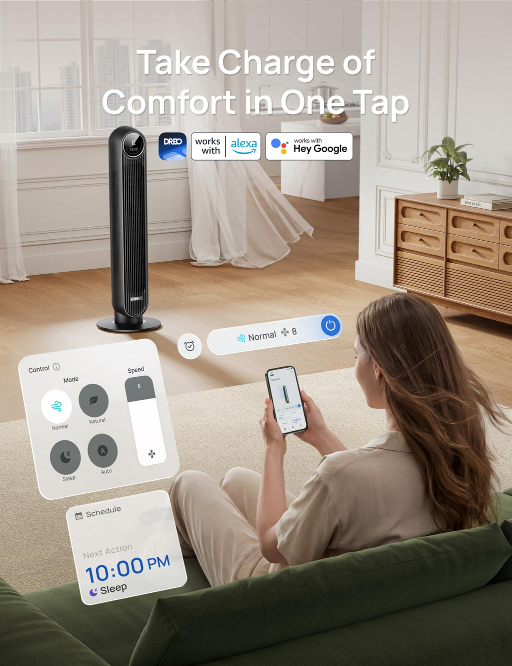 DREO Tower Fan for Bedroom, 28ft/s Velocity, 20dB Ultra Quiet, 8 Speeds | 2026 Upgraded DC Motor, 90° Oscillating, 4 Modes Standing Fan, Bladeless Fan for Indoors, Floor Fans with Remote, Black