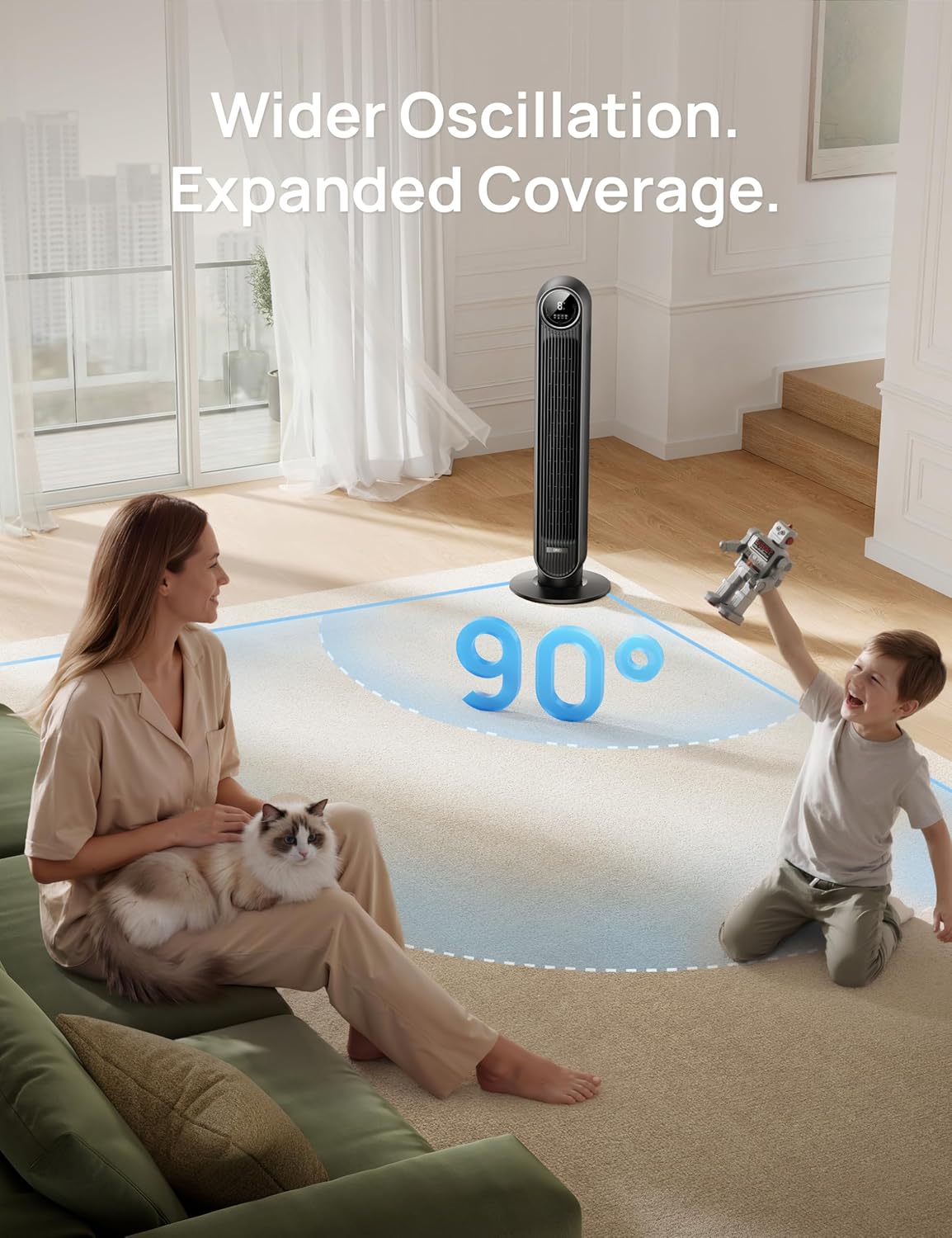 DREO Tower Fan for Bedroom, 28ft/s Velocity, 20dB Ultra Quiet, 8 Speeds | 2026 Upgraded DC Motor, 90° Oscillating, 4 Modes Standing Fan, Bladeless Fan for Indoors, Floor Fans with Remote, Black