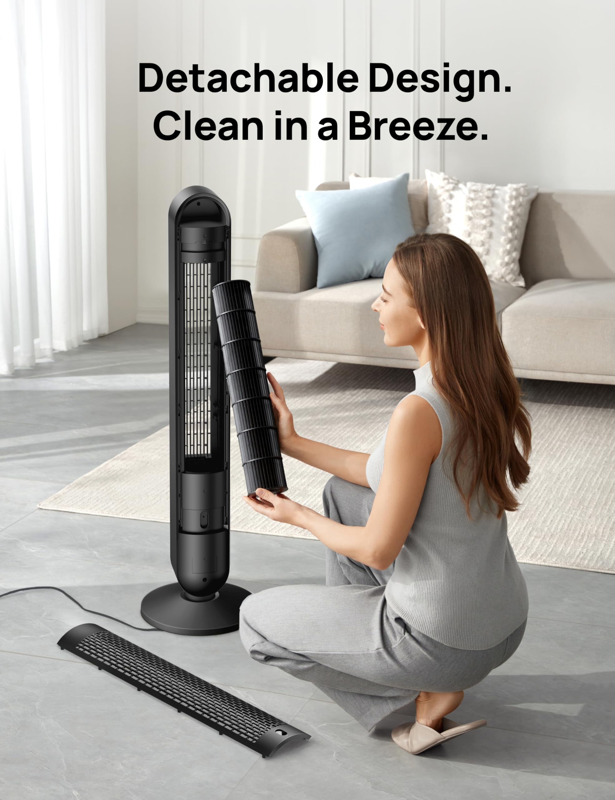 DREO Tower Fan for Bedroom, 28ft/s Velocity, 20dB Ultra Quiet, 8 Speeds | 2026 Upgraded DC Motor, 90° Oscillating, 4 Modes Standing Fan, Bladeless Fan for Indoors, Floor Fans with Remote, Black