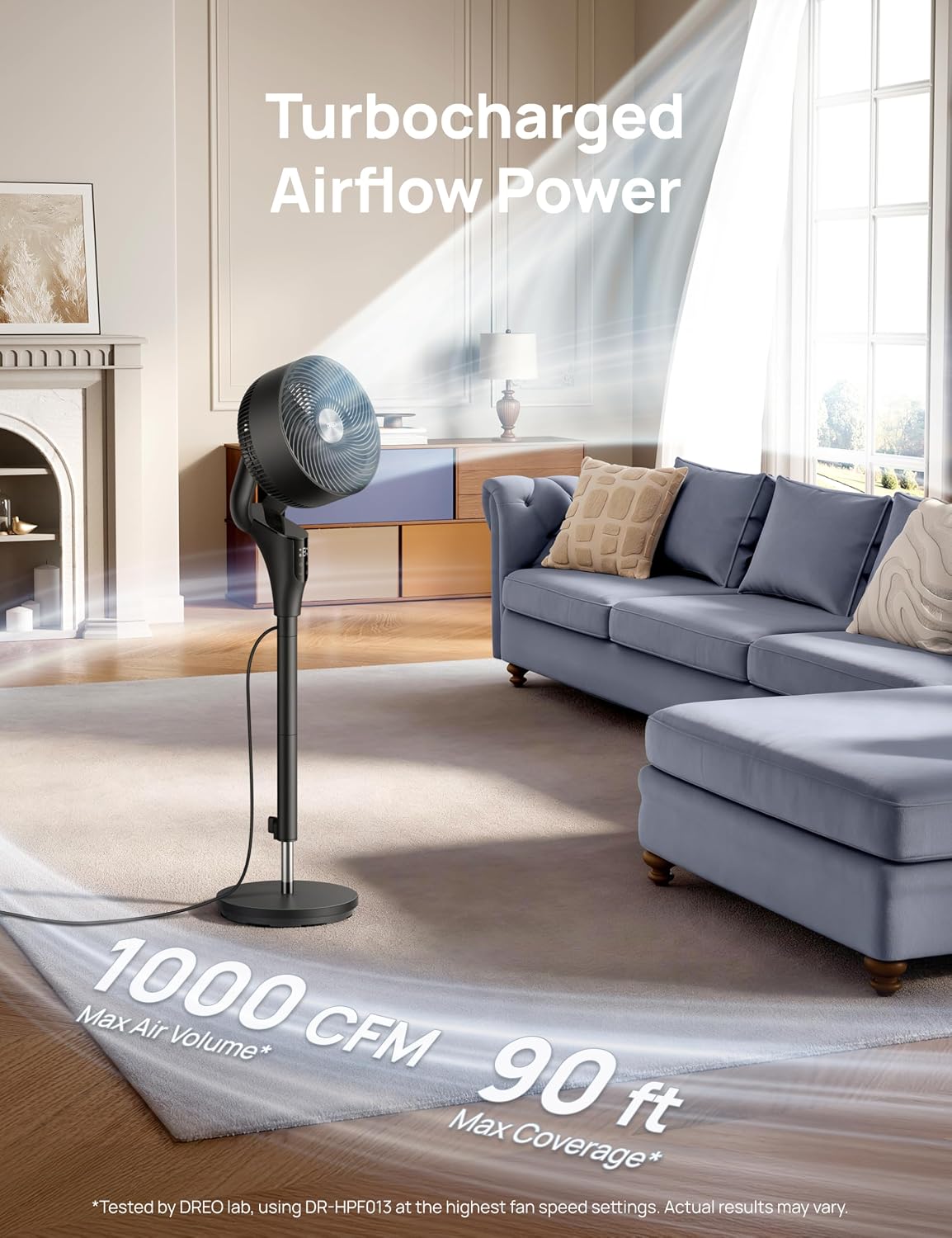 DREO Fan for Bedroom, 2026 Upgraded, 90ft Airflow, 20dB Quiet Fan, 90° Oscillating Standing Fan for Whole Room, DC Motor, 8+H Speeds, 3 Modes, 38-42'' Adjustable Height, 8H Timer, 105° Manual Vertical