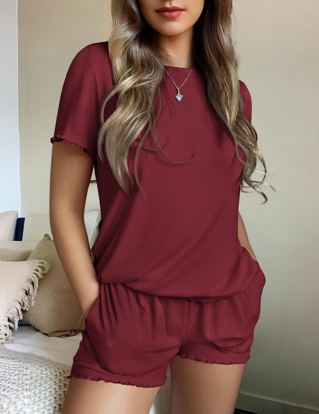 Ekouaer Womens Pajamas 2 Piece Ribbed Knit Pjs Short Sleeve Lounge Sets | Soft Pajama Set with Ruffled cuffs hem, Casual Loungewear Sets, ideal for Home relaxation, Wedding, Party, Daily Wear