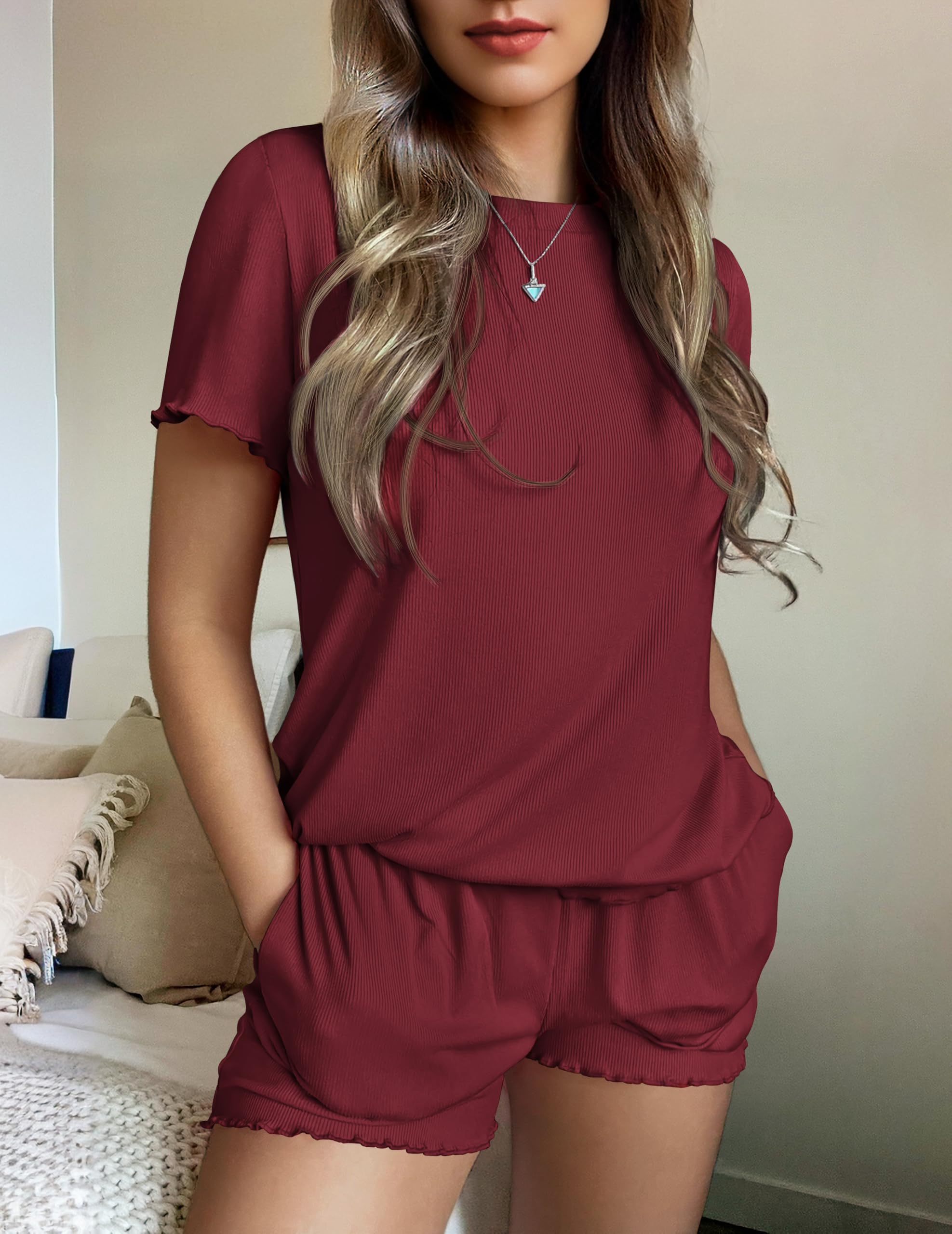 Ekouaer Womens Pajamas 2 Piece Ribbed Knit Pjs Short Sleeve Lounge Sets | Soft Pajama Set with Ruffled cuffs hem, Casual Loungewear Sets, ideal for Home relaxation, Wedding, Party, Daily Wear