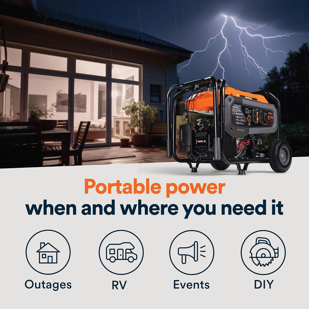 Generac 12,500 Starting Watt Tri-Fuel Portable Generator, Electric Start | Gas, Propane, Or Natural Gas Fuel Options, COsense CO Detection, 9.5 Hour Runtime, Emergency Home Backup, 49 State Compliant