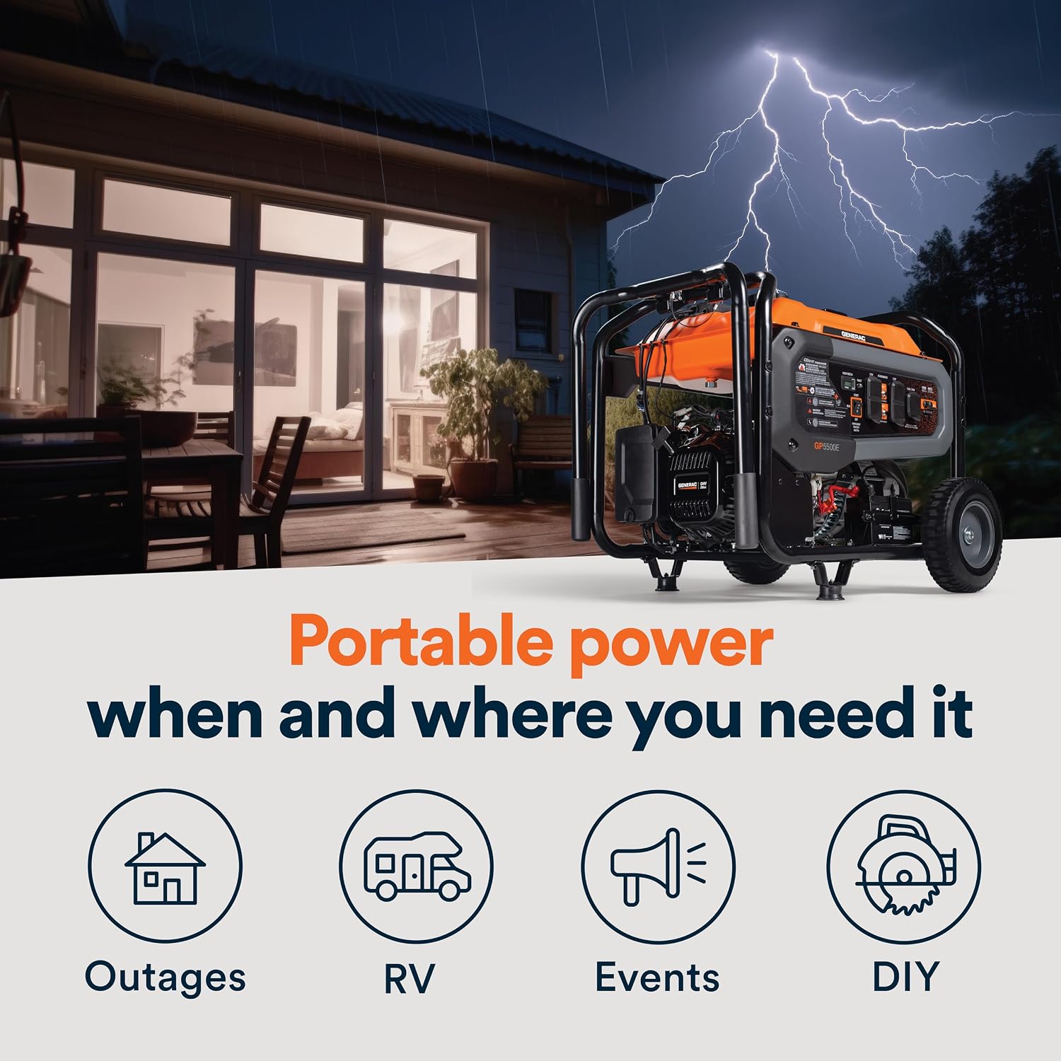 Generac 12,500 Starting Watt Tri-Fuel Portable Generator, Electric Start | Gas, Propane, Or Natural Gas Fuel Options, COsense CO Detection, 9.5 Hour Runtime, Emergency Home Backup, 49 State Compliant