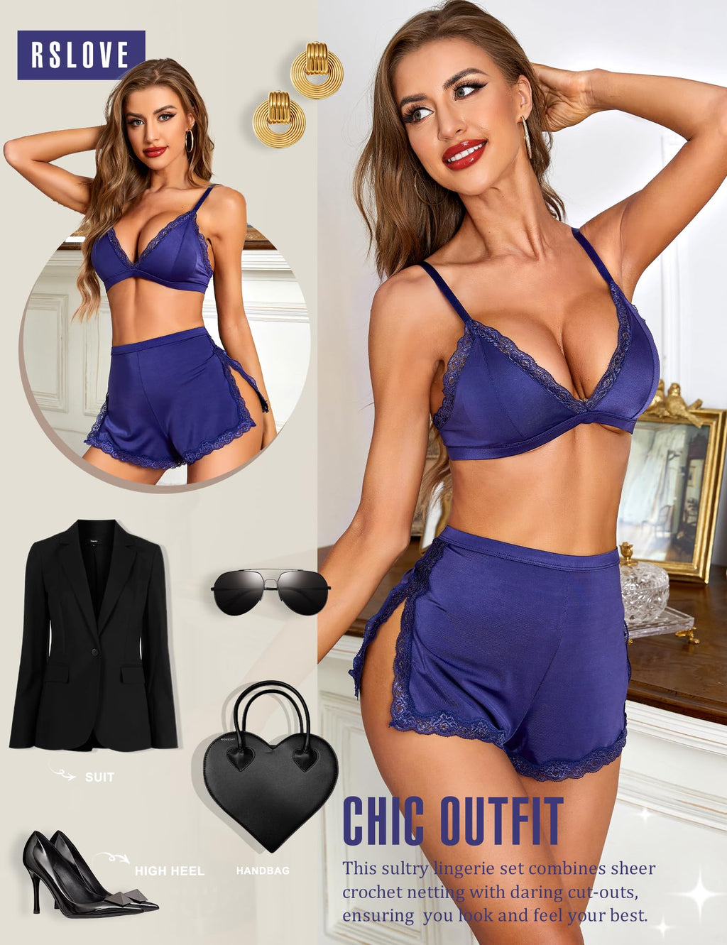 RSLOVE Sexy Pajamas for Women Soft Lingerie Set Lace Trim Sleepwear 2 piece Pjs Shorts Set