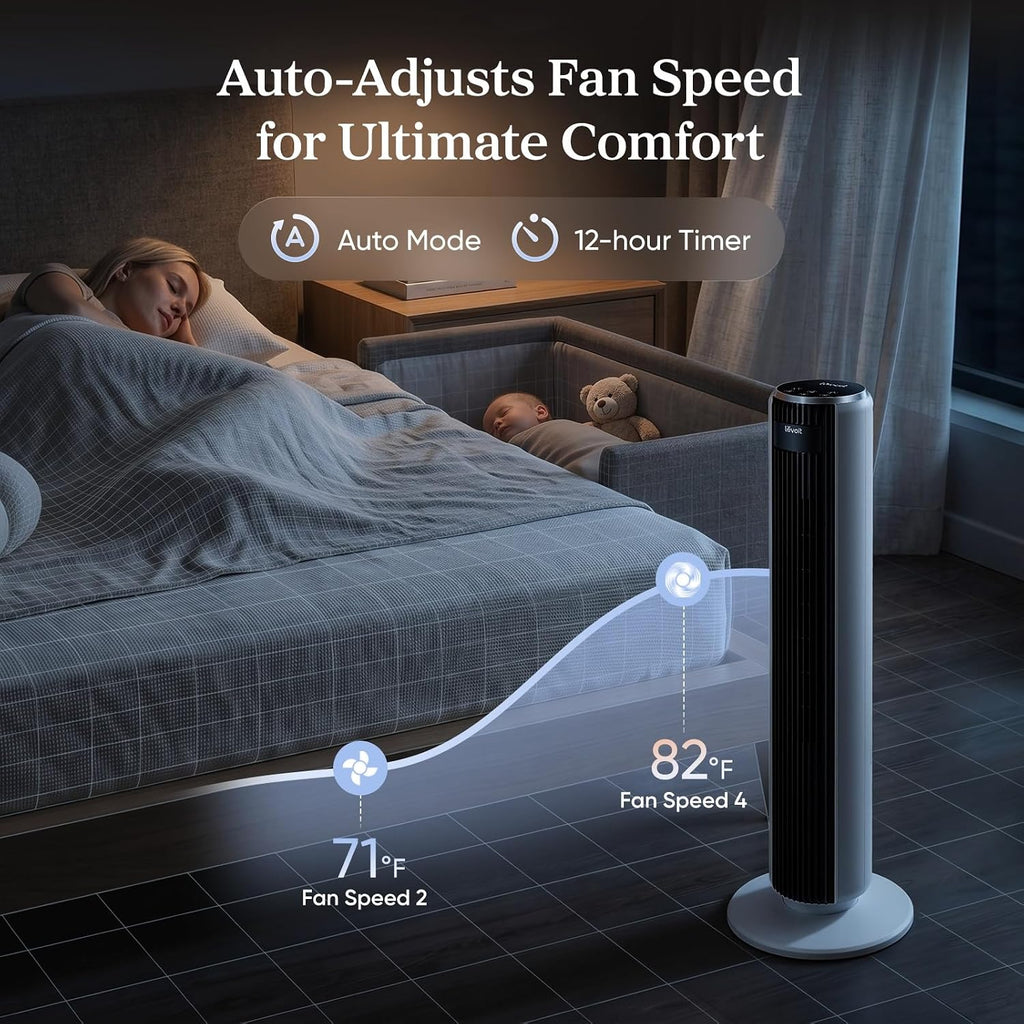 Levoit Tower Fan for Bedroom, 28ft/s Fans that Blow Cold Air, 28dB Quiet | Standing Floor Fan for Room, 90° Oscillating, 5 Speeds 4 Modes & Temp Sensor, Bladeless, 12H Timer, Remoter, 36 inch, White