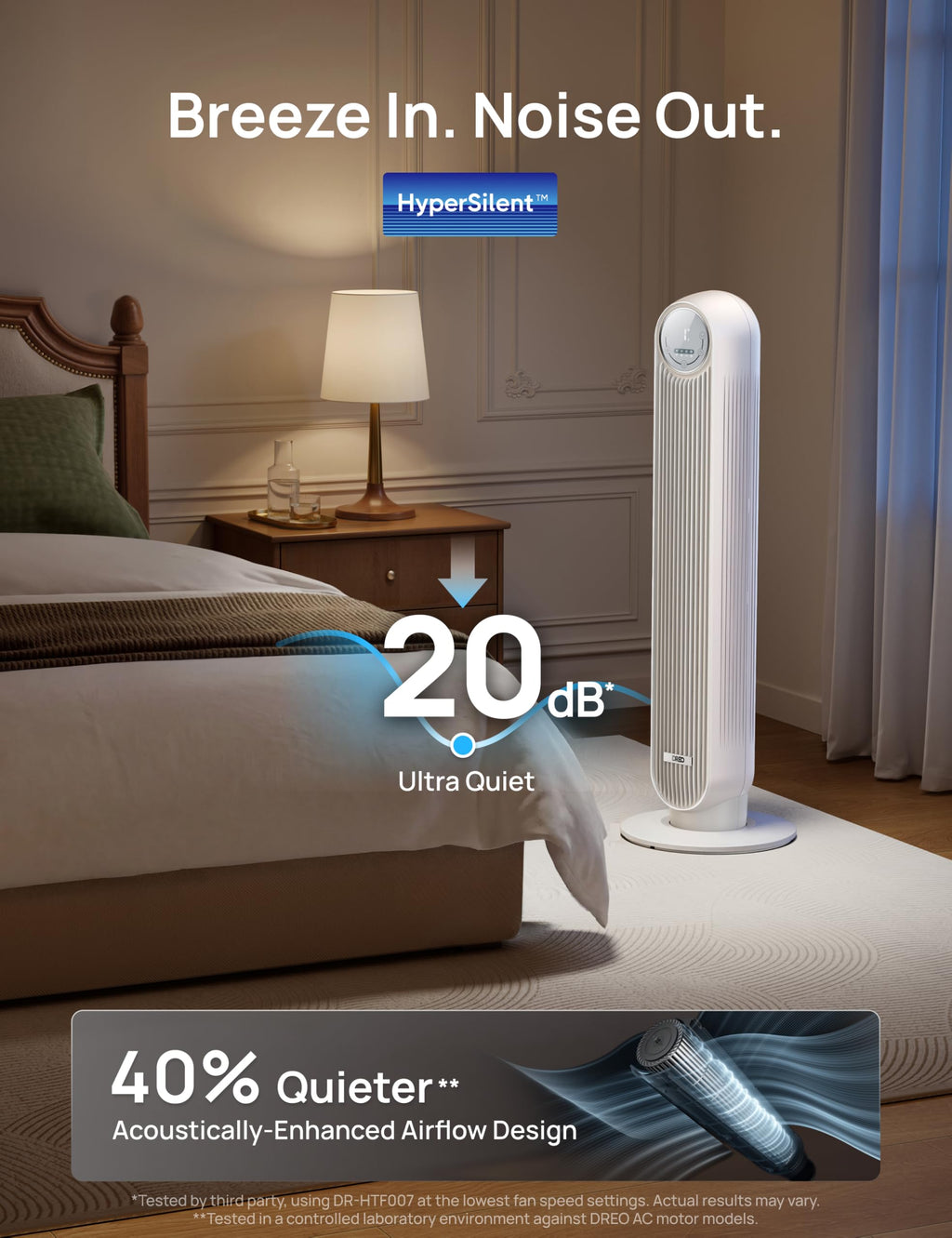 DREO Tower Fan for Bedroom, 28ft/s Velocity, 20dB Ultra Quiet, 8 Speeds | 2026 Upgraded DC Motor, 90° Oscillating, 4 Modes Standing Fan, Bladeless Fan for Indoors, Floor Fans with Remote, Black