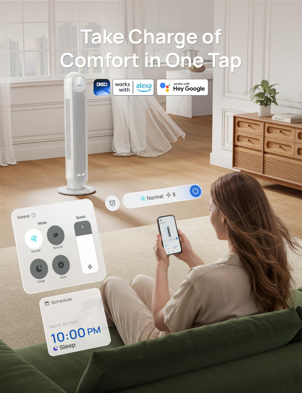 DREO Tower Fan for Bedroom, 28ft/s Velocity, 20dB Ultra Quiet, 8 Speeds | 2026 Upgraded DC Motor, 90° Oscillating, 4 Modes Standing Fan, Bladeless Fan for Indoors, Floor Fans with Remote, Black