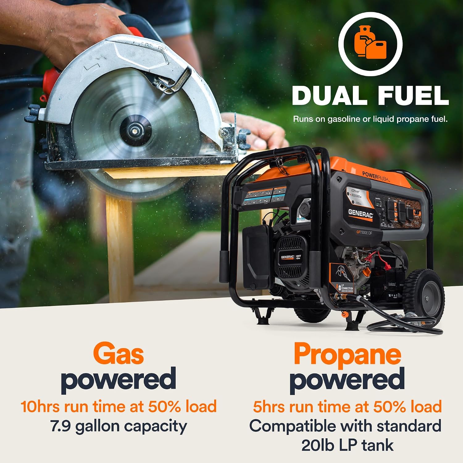 Generac 12,500 Starting Watt Tri-Fuel Portable Generator, Electric Start | Gas, Propane, Or Natural Gas Fuel Options, COsense CO Detection, 9.5 Hour Runtime, Emergency Home Backup, 49 State Compliant